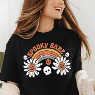Halloween Spooky Babe Pumpkin Skull Flowers T Shirt