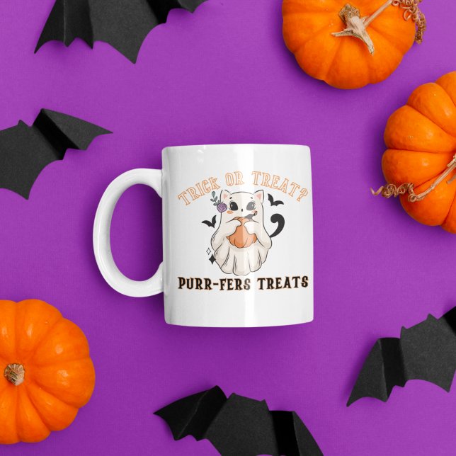 Halloween Spooky Bus eller godis Cute Ghost Cat Kaffemugg (TRICK OR TREAT CUTE GHOST CAT MUG)