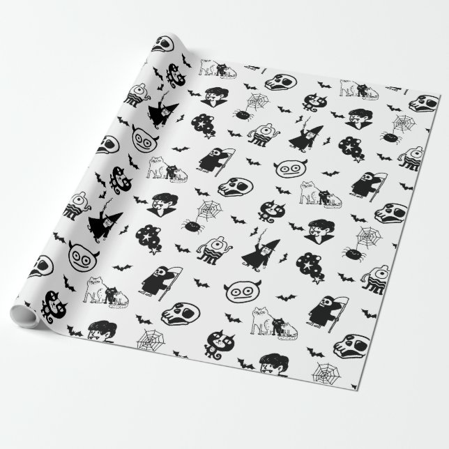 Halloween Spooky Cute Mönster Helgdag Horror Black Presentpapper (Utrullad)