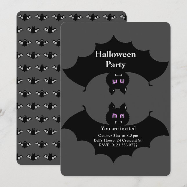 Halloween Spooky Fladdermus på Grått Inbjudningar (Fram/baksida)