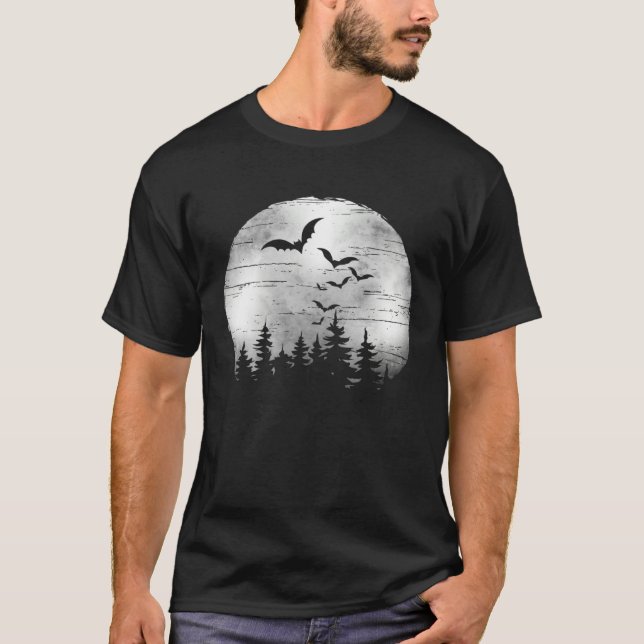 Halloween Spooky Full Moon The Woods & Bats T Shirt (Framsida)