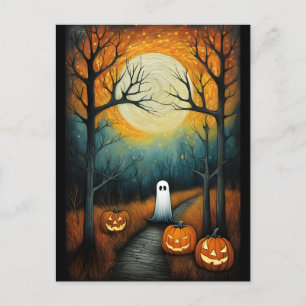 Halloween Spooky Ghost & Full Moon Creepy Pumpkin Vykort