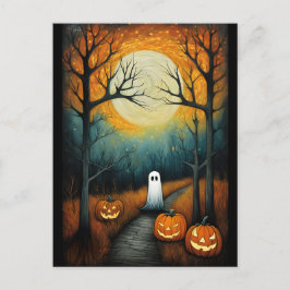 Halloween Spooky Ghost & Full Moon Creepy Pumpkin Vykort