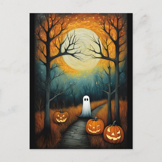 Halloween Spooky Ghost & Full Moon Creepy Pumpkin Vykort (Framsida)
