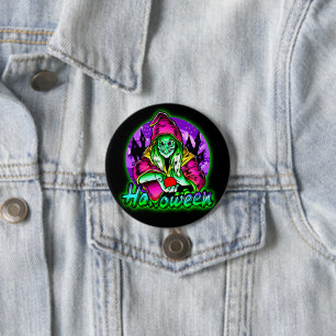Halloween Spooky Grönt Witch Magic Hat Apple Knapp
