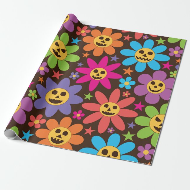 Halloween Spooky Groovy Flowers Presentpapper (Utrullad)