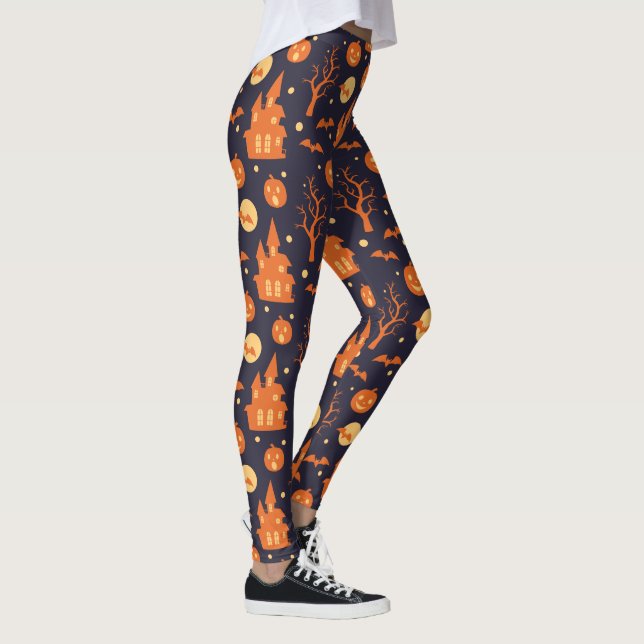 Halloween Spooky House Fladdermus Träd Pumpkin Fes Leggings (Höger)
