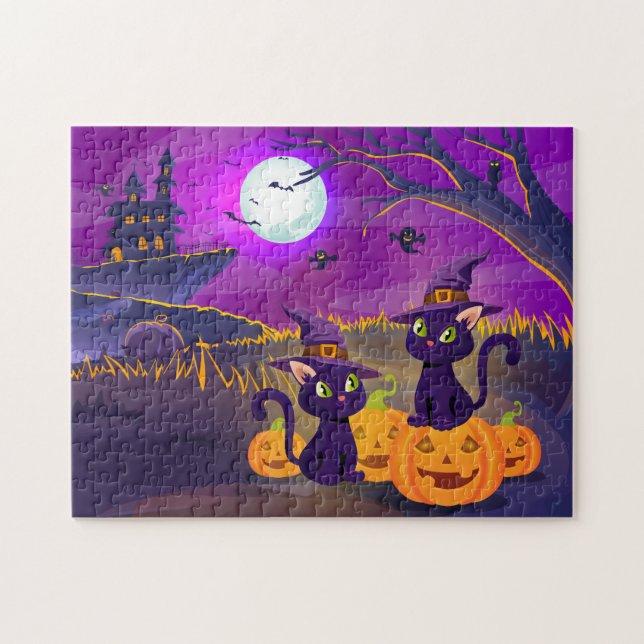 Halloween Spooky Kattunge Jigszle Puzzle Pussel (Horisontell)
