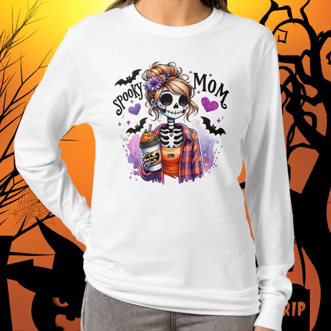 Halloween Spooky Mamma Skeleton Messy Bun Anpassni T Shirt (Skapare uppladdad)