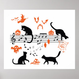 Halloween Spooky och Scary Cats Play Music Note Poster