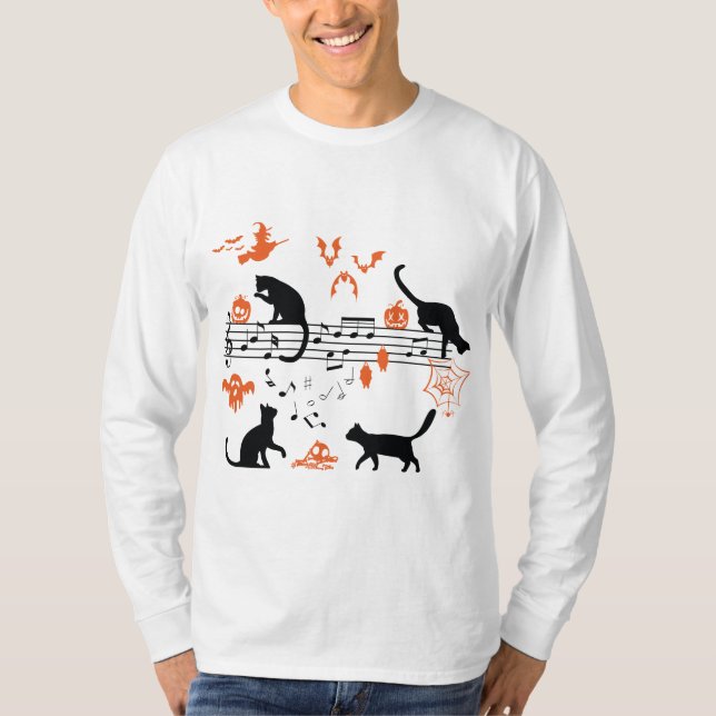Halloween Spooky och Scary Cats Play Music Note T Shirt (Framsida)
