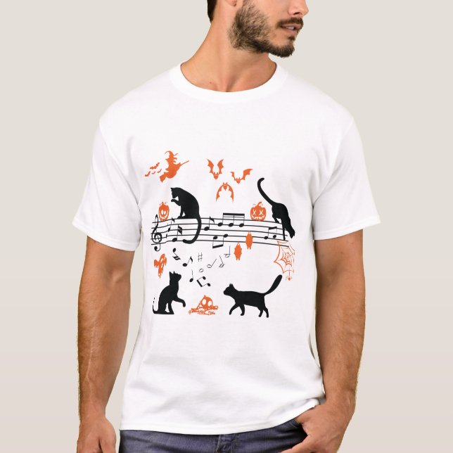 Halloween Spooky och Scary Cats Play Music Note T Shirt (Framsida)