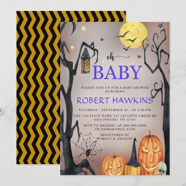 Halloween Spooky Pumpkin Baby Shower Inbjudningar (Fram/baksida)