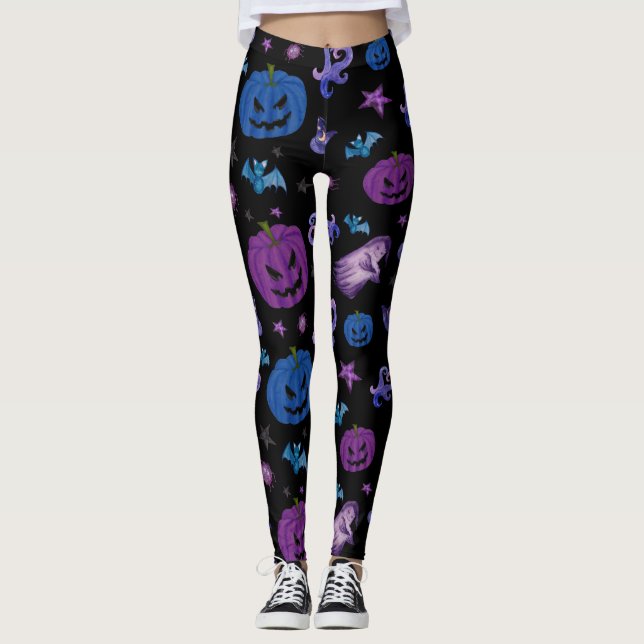 Halloween Spooky Pumpkin Mönster Black-bakgrund Leggings (Framsida)