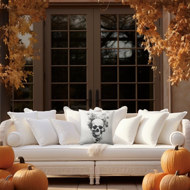 Halloween Spooky Scary Botanical Skull Kudde (Enchant your Autumn Decor with our Spooky Botanical Skull Pillow. #Halloween #OutdoorDecor)