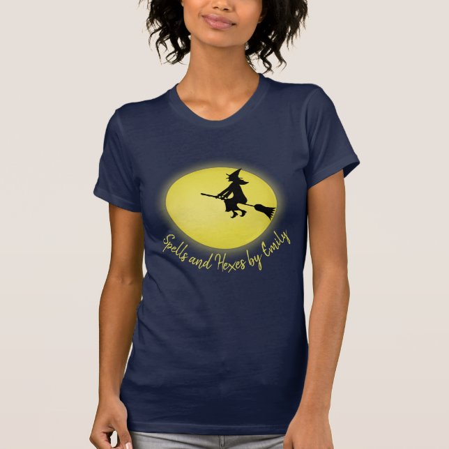 Halloween Spooky Scary Witch Broomstick Moonlight T Shirt (Framsida)