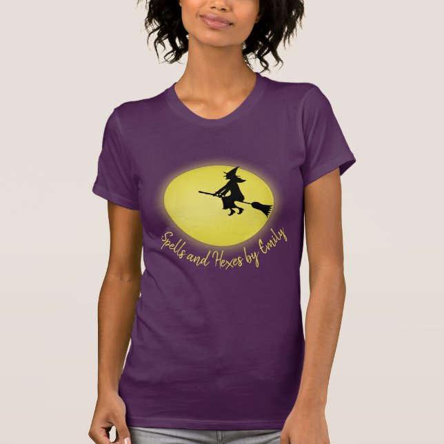 Halloween Spooky Scary Witch Broomstick Moonlight T Shirt (Framsida)