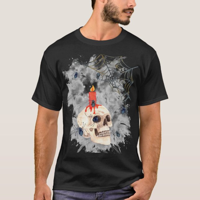 Halloween Spooky Skull, Candle, Spiders & Webs T Shirt (Framsida)