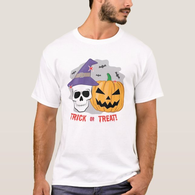 Halloween Spooky Skull och Pumpkin - Trick eller T T Shirt (Framsida)