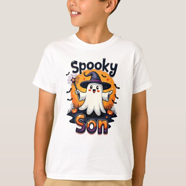Halloween Spooky Son Ghost med Witch Hat T Shirt (Framsida)