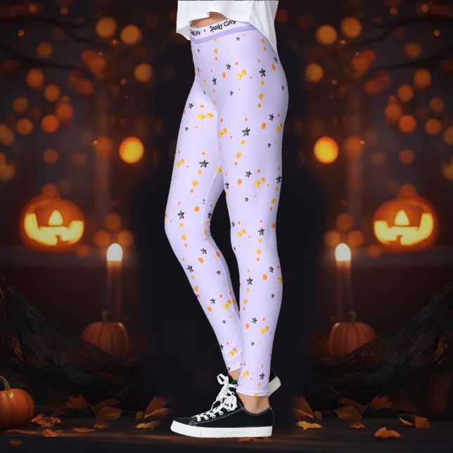 Halloween Spooky Stars Lila Namn Leggings (Halloween Spooky Stars Purple Name Leggings)