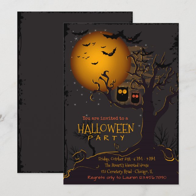 Halloween Spooky Uggla Party-inbjudan Inbjudningar (Fram/baksida)