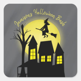 Halloween Spooky Witch Broomstick Moonlight Fyrkantigt Klistermärke