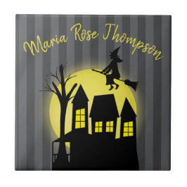 Halloween Spooky Witch Broomstick Moonlight Kakelplatta
