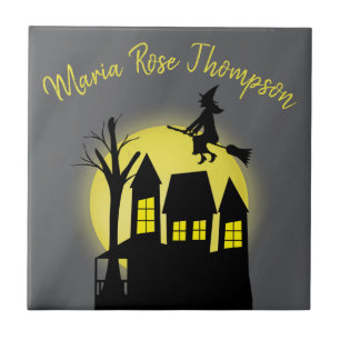 Halloween Spooky Witch Broomstick Moonlight Kakelplatta