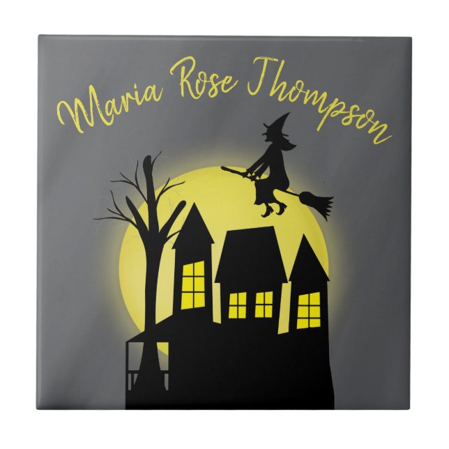 Halloween Spooky Witch Broomstick Moonlight Kakelplatta (Framsidan)