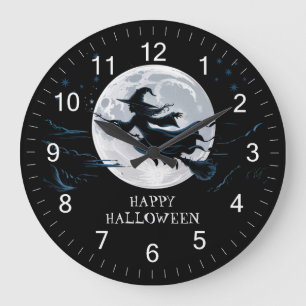 Halloween Spooky Witch flyger över en hel måne Stor Klocka