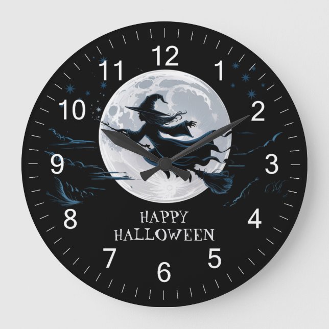Halloween Spooky Witch flyger över en hel måne Stor Klocka (Framsida)
