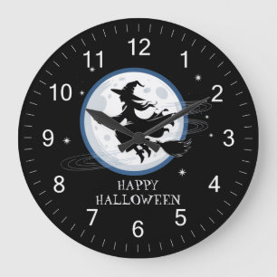 Halloween Spooky Witch flyger över en hel måne Stor Klocka