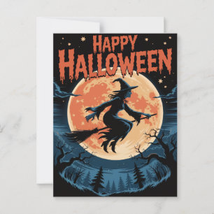 Halloween Spooky Witch flyger över en hel måne Vykort