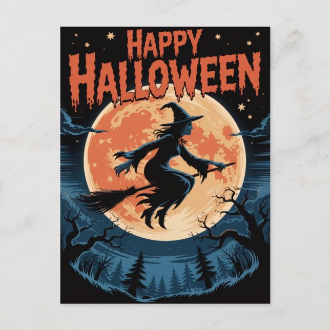 Halloween Spooky Witch flyger över en hel måne Vykort (Framsida)