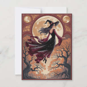 Halloween Spooky Witch flyger över en hel måne Vykort