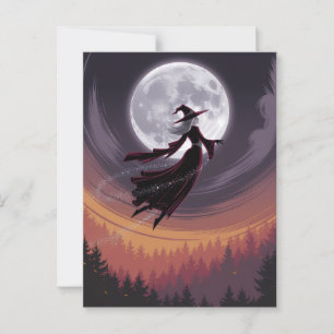 Halloween Spooky Witch flyger över en hel måne Vykort