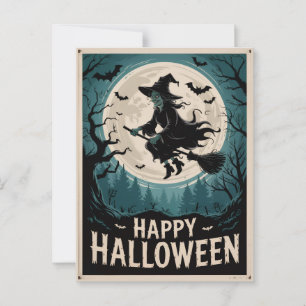 Halloween Spooky Witch flyger över en hel måne Vykort