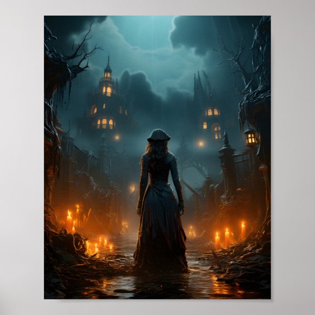 Halloween Spooky Witch hemsöker den gamla staden Poster (Framsidan)