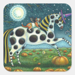 HALLOWEEN SPOTTED PONY & FLADDERMUS CAT Whimsical Fyrkantigt Klistermärke
