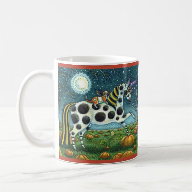 HALLOWEEN SPOTTED PONY & FLADDERMUS CAT Whimsical  Kaffemugg (Vänster)