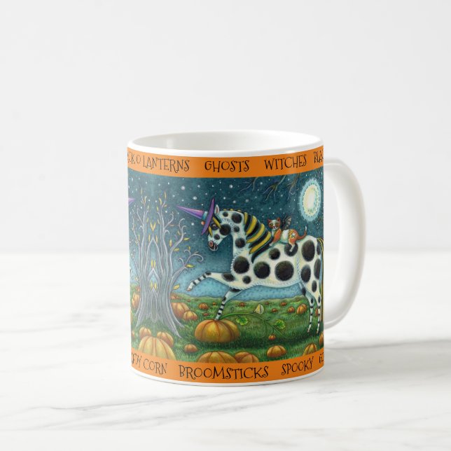 HALLOWEEN SPOTTED PONY & FLADDERMUS CAT Whimsical  Kaffemugg (Framsida höger)