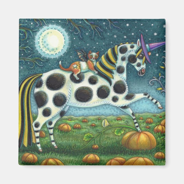 HALLOWEEN SPOTTED PONY & FLADDERMUS CAT Whimsical Magnet (Framsidan)