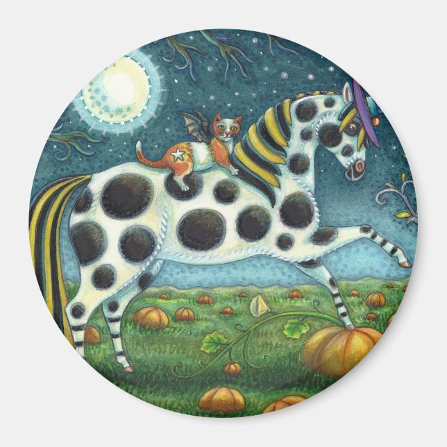 HALLOWEEN SPOTTED PONY & FLADDERMUS CAT Whimsical  Magnet (Framsidan)