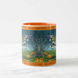 HALLOWEEN SPOTTED PONY & FLADDERMUS CAT Whimsical Två-Tonad Mugg