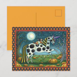 HALLOWEEN SPOTTED PONY & FLADDERMUS CAT Whimsical Vykort