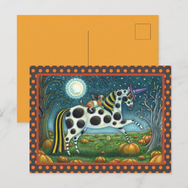HALLOWEEN SPOTTED PONY & FLADDERMUS CAT Whimsical  Vykort (Fram/baksida)