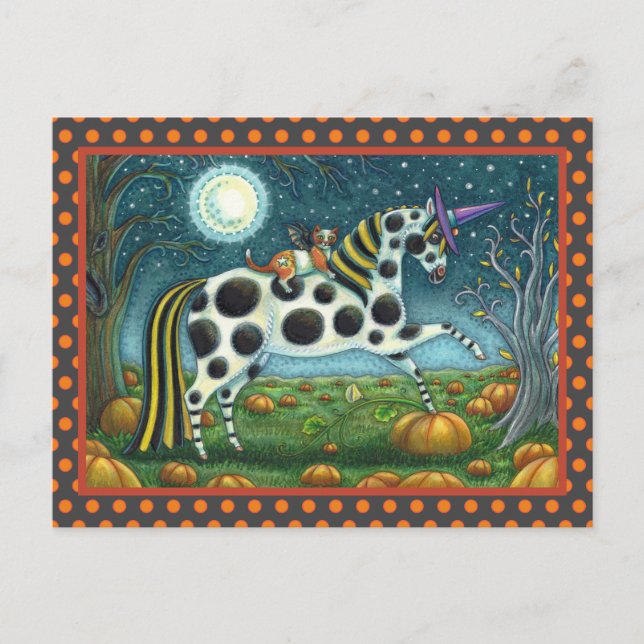 HALLOWEEN SPOTTED PONY & FLADDERMUS CAT Whimsical  Vykort (Framsida)