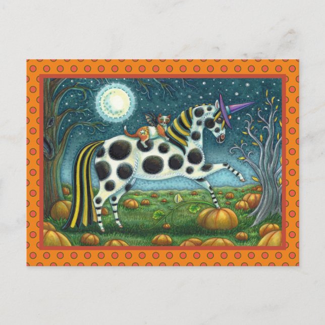 HALLOWEEN SPOTTED PONY & FLADDERMUS CAT Whimsical  Vykort (Framsida)