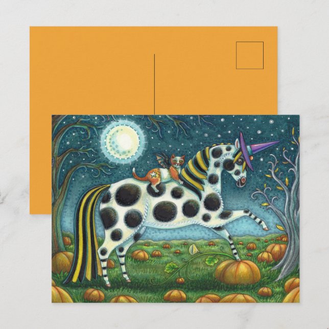HALLOWEEN SPOTTED PONY & FLADDERMUS CAT Whimsical  Vykort (Fram/baksida)